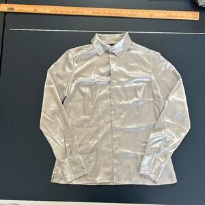 Sleek Silk Like Silver Polyester Long Sleeve Button Down Shirt